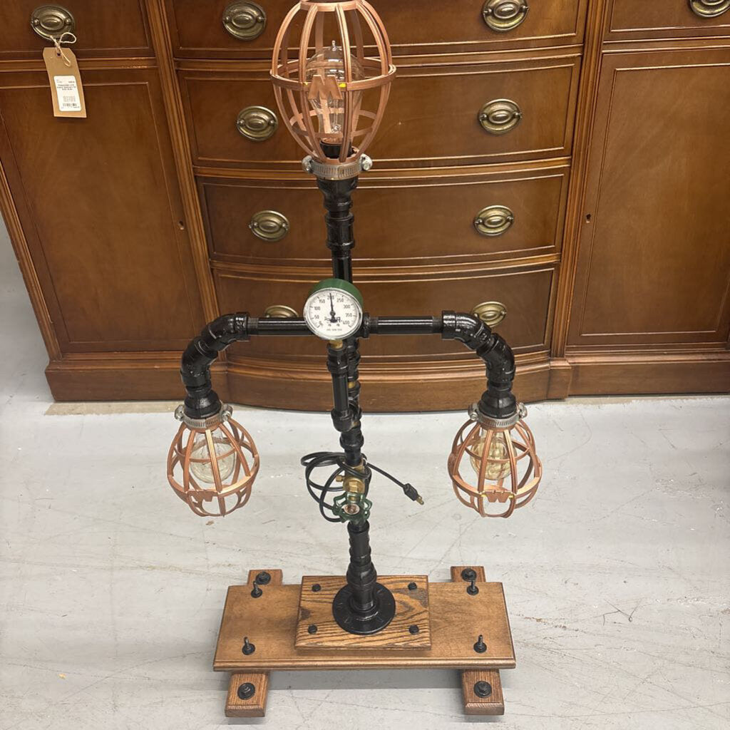 Steam Punk Table Lamp by Local Artist Jeff Baker - Green Gauge, 3 Cage Shades