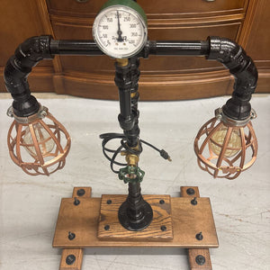 Steam Punk Table Lamp by Local Artist Jeff Baker - Green Gauge, 3 Cage Shades