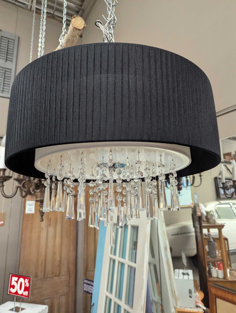 Black Drum Chandelier, Hanging Crystals