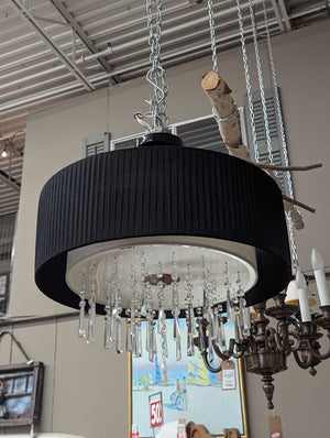 Black Drum Chandelier, Hanging Crystals