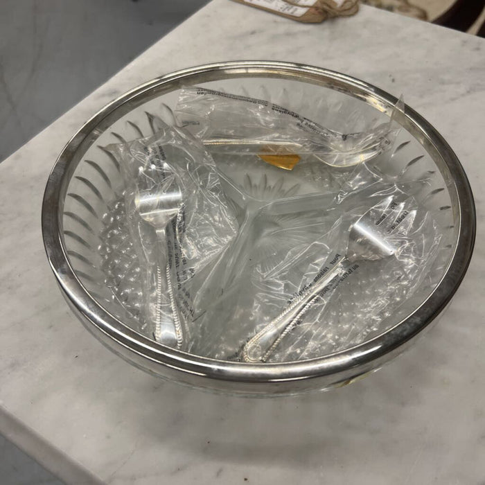 Vintage Crystal & Silver Plated Relish Dish w 3 Forks
