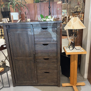 Rustic Dark Wood Hi-Boy w Barn Door & 4 Drawers