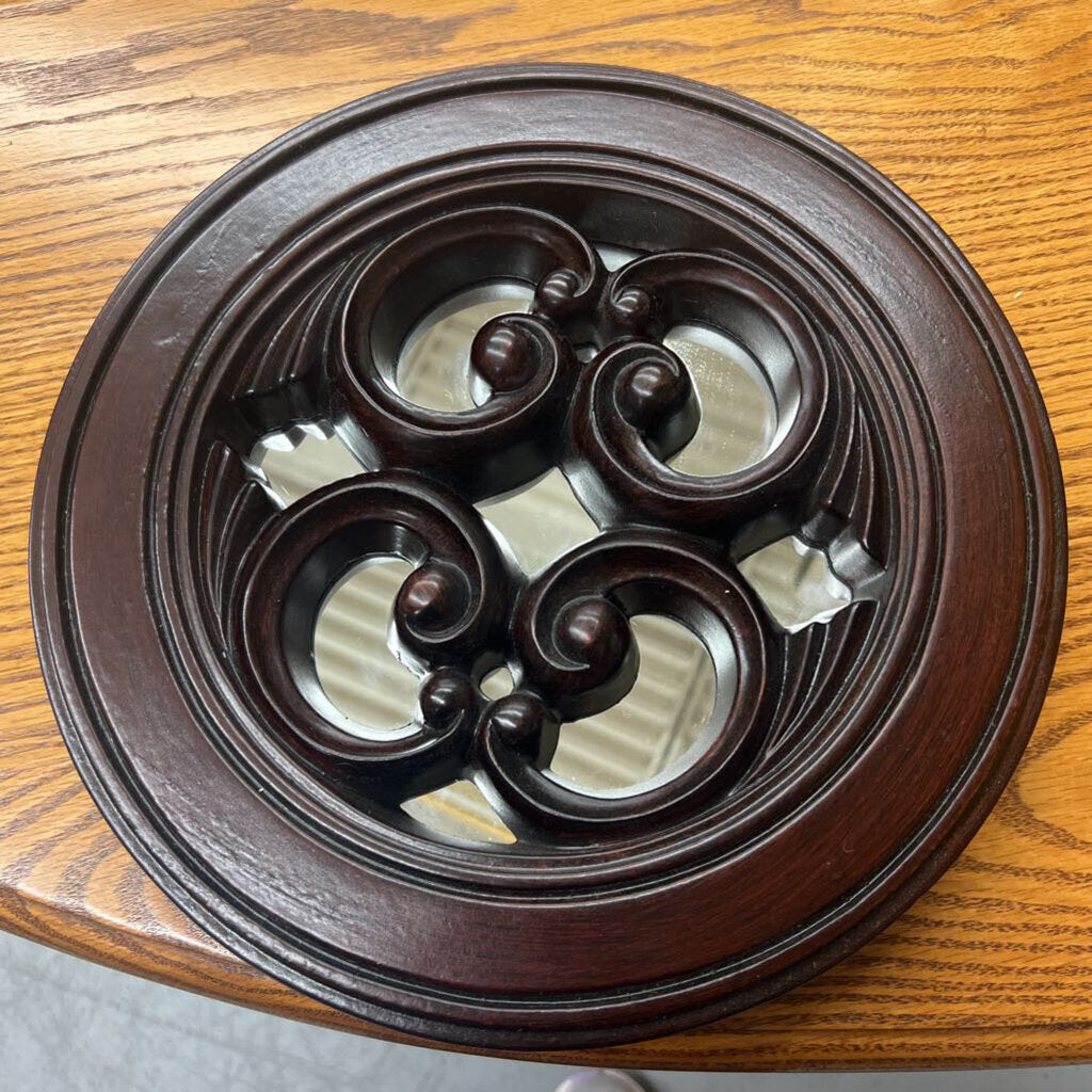 Dark Wood Round Mirror w Scroll Design