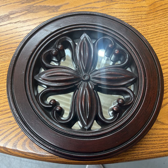 Dark Wood Round Mirror w Flower Design
