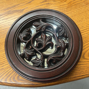Dark Wood Round Mirror w Leaf Design