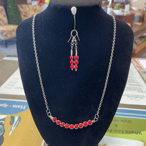Red Coral Bead Necklace w Earrings - Silver