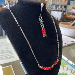 Red Coral Bead Necklace w Earrings - Silver