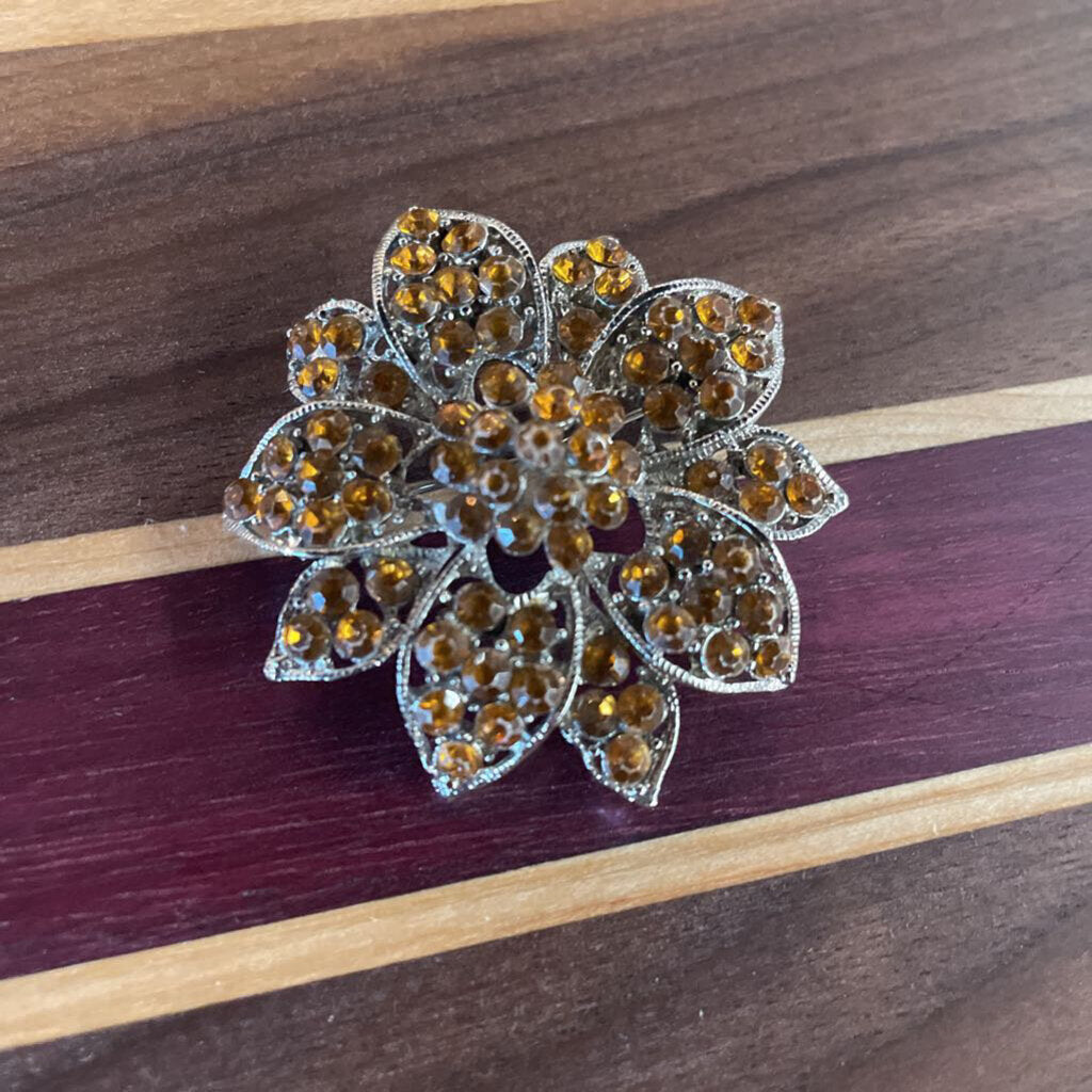 Amber Rhinestone Poinsettia Brooch - Silver
