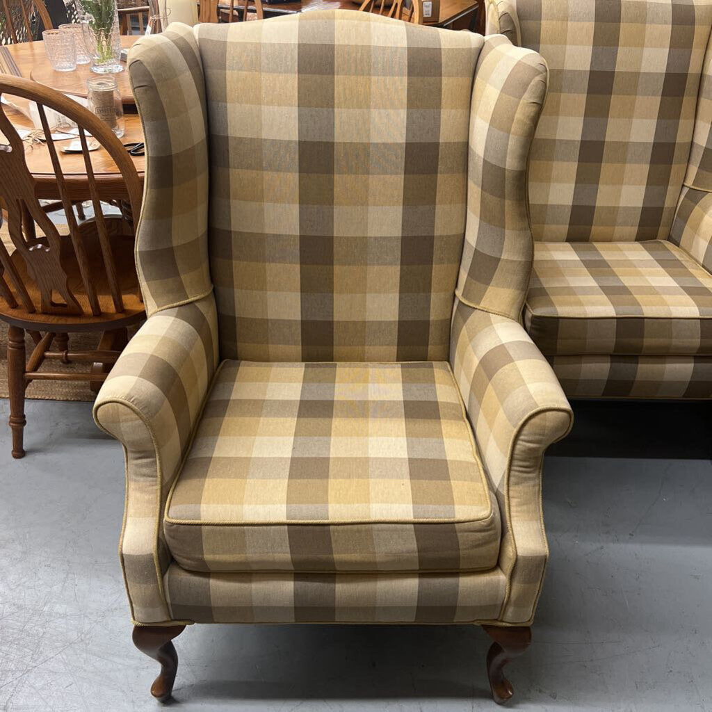 Yellow & Grey Checked Fabric Wing Back Chair