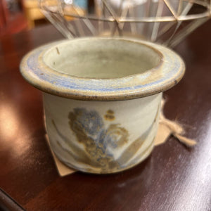 Cream & Blue Pottery Vessel w Flower Design