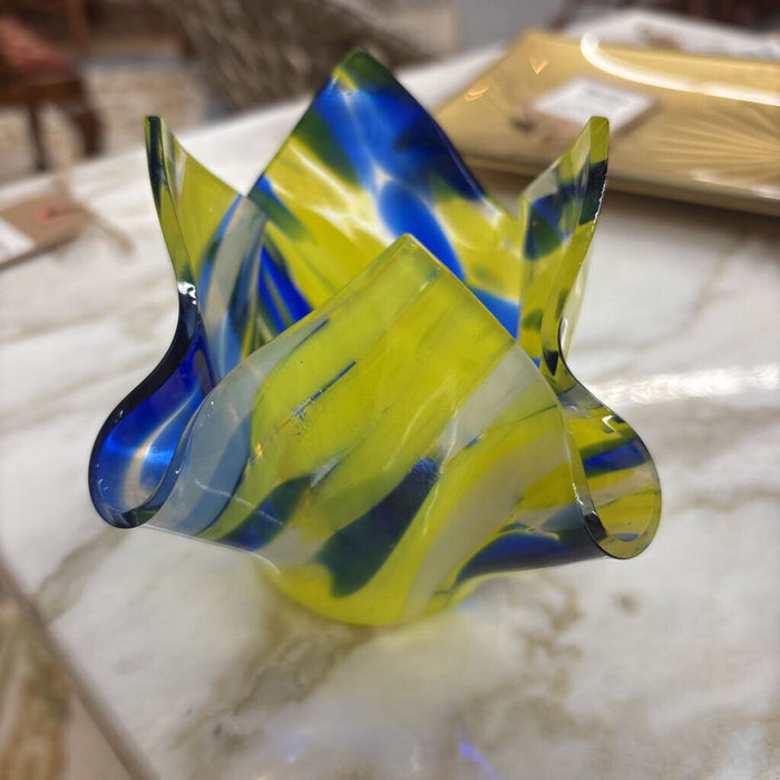 Murano Glass Kerchief Candle Holder - Blue and Yellow