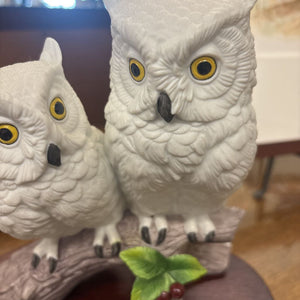 Sadek Snowy Owl Pair Statue w Wood Base - (Japan)