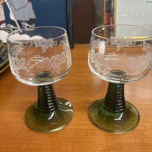 Etched Green Based Liqueur Glasses - Set of 2
