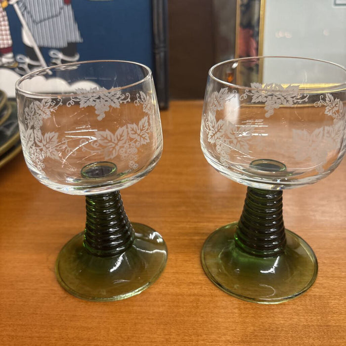 Etched Green Based Liqueur Glasses - Set of 2