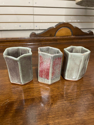 Set Of 3- High Fired Stoneware Cups- Gray & Red