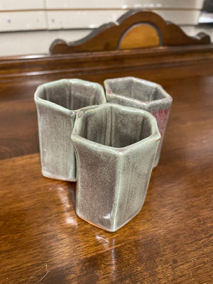 Set Of 3- High Fired Stoneware Cups- Gray & Red