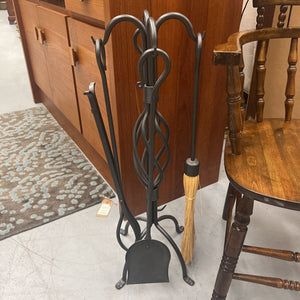Metal Fireplace Tools On Stand w Metallic Finish