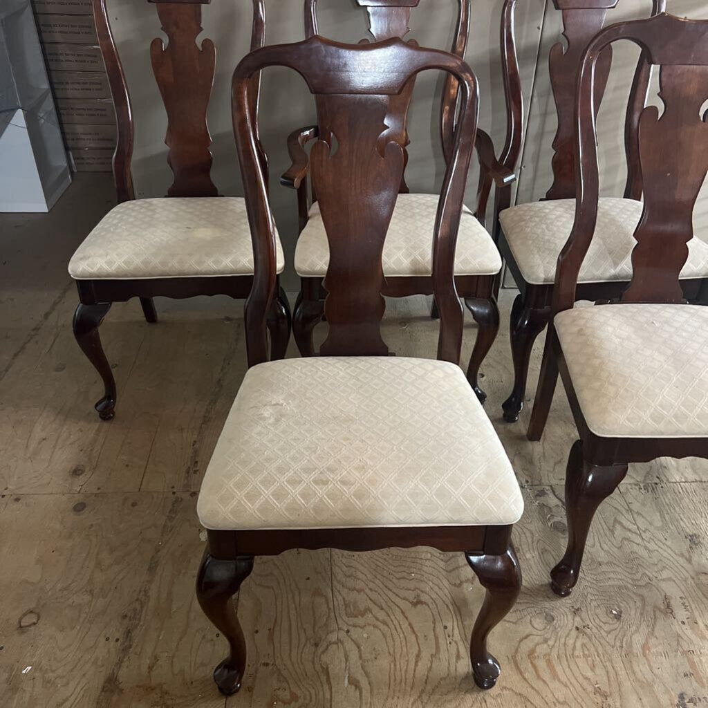 Cherry Dining Chairs w Cream Fabric 2 Arm, 4 Reg