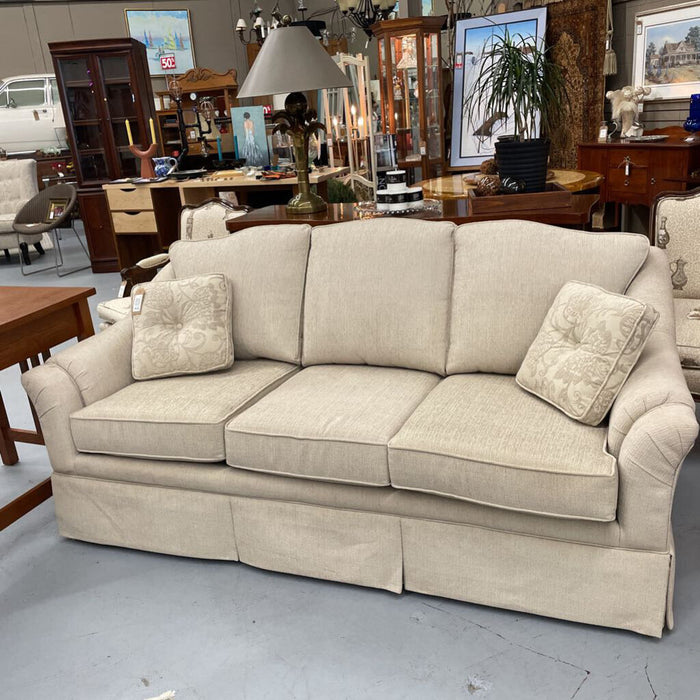 Beige Chenille Fabric Skirted 3 Seater Sofa w Accent Cushions (2)