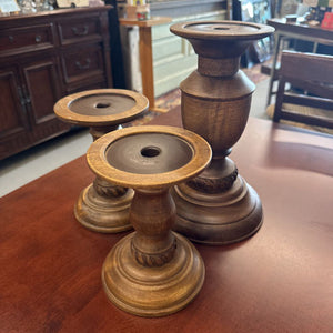 Set of 3 - Wood Carved Pillar/Taper Candle Holders