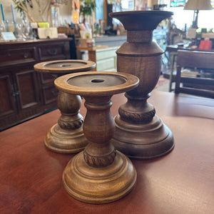Set of 3 - Wood Carved Pillar/Taper Candle Holders