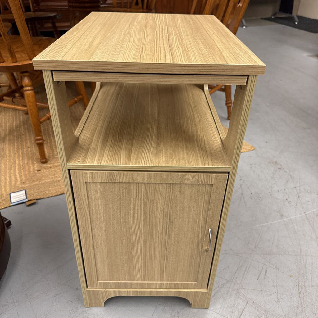 Taupe Veneer Side Table w Shelf & Lower Cabinet