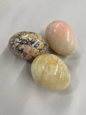 Alabaster Marble Decorative Artisanal Eggs - Set of 3 - Cream, Blush, and Pink w Black Inclusions