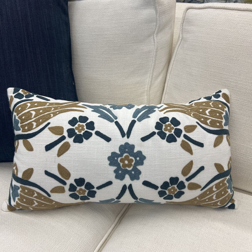 White Linen Lumbar Pillow w Blue & Beige Floral Design
