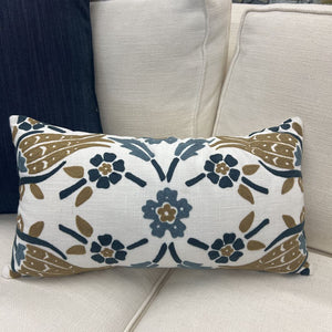 White Linen Lumbar Pillow w Blue & Beige Floral Design