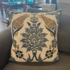 White Linen Square Pillow Blue & Beige Floral Design