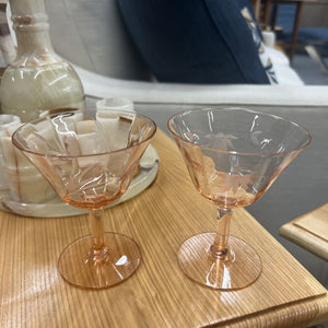 Set Of 2- Watermelon Depression Era Glasses w Etched Flower Design