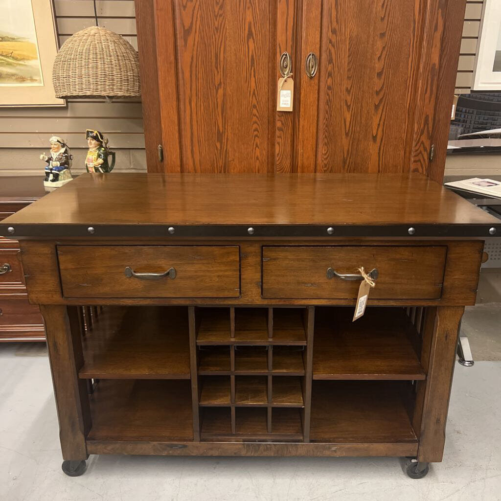 Rustic Dark Wood Kitchen Island w 2 Drawers, Lower Shelves, & Wine Storage