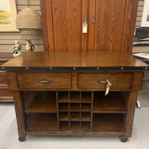 Rustic Dark Wood Kitchen Island w 2 Drawers, Lower Shelves, & Wine Storage