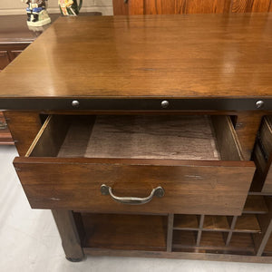 Rustic Dark Wood Kitchen Island w 2 Drawers, Lower Shelves, & Wine Storage