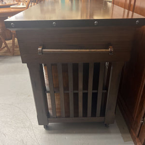 Rustic Dark Wood Kitchen Island w 2 Drawers, Lower Shelves, & Wine Storage
