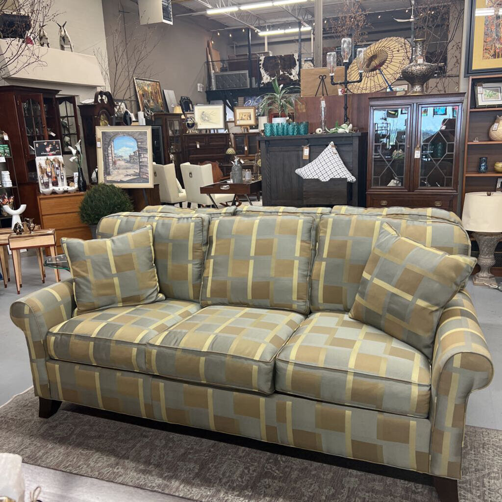 Highland Furniture Taupe & Blue Checked Contemporary Sofa- Feather Filled