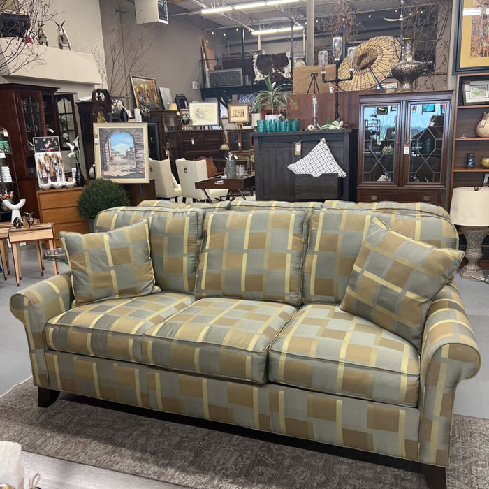 Highland Furniture Taupe & Blue Checked Contemporary Sofa- Feather Filled