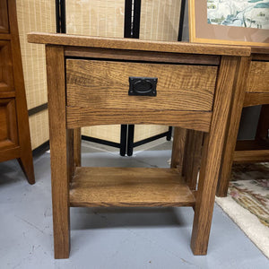 Solid Oak - Mission Styled - Side Table w Drawer & Lower Shelf