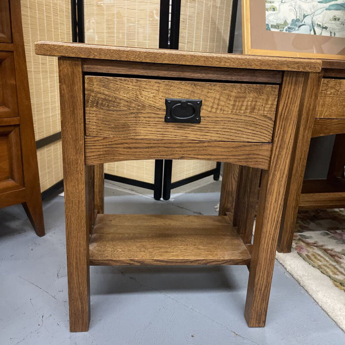 Solid Oak - Mission Styled - Side Table w Drawer & Lower Shelf