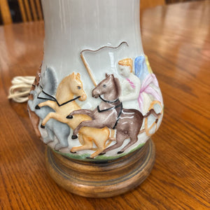 White Porcelain Lamp w Greek Motif (Horses) & Cream Shade