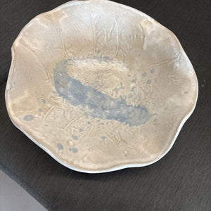 Handmade Pottery Fruit/Serving Bowl w Ruffled Edge - Blue/Grey