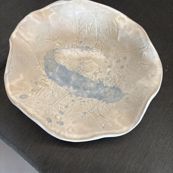 Handmade Pottery Fruit/Serving Bowl w Ruffled Edge - Blue/Grey
