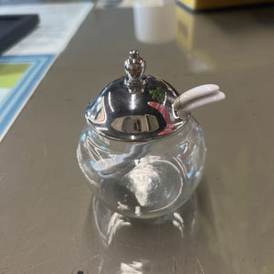 Vintage Glass Sugar/Jam Bowl w Silver Plated Lid & 2 Spoons