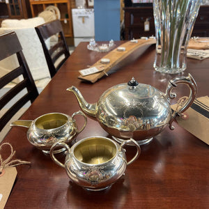 Silver Plated Set - Teapot w Bows w Matching Sugar Bowl & Creamer