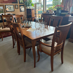 Bermex Canadian Furniture - Maple Dining Table w 1-20" wide Leaf, 8 Chairs w Taupe Microsuede Seats