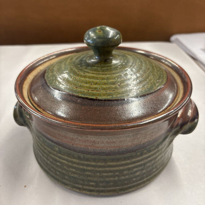 Handcrafted Pottery Casserole Dish w Lid - Sage & Brown