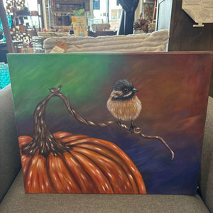 Local Artist - Original Acrylic by Helen Sawyer - "Pumpkin & Chickadee"