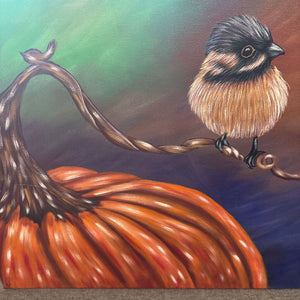 Local Artist - Original Acrylic by Helen Sawyer - "Pumpkin & Chickadee"