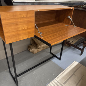 Black Lacquered Steel & Walnut Drop Down Desk/Console w Wall Mount Mirror