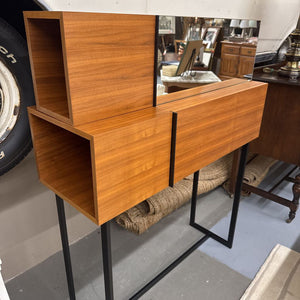 Black Lacquered Steel & Walnut Drop Down Desk/Console w Wall Mount Mirror